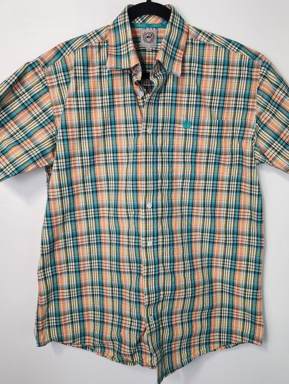 Cinch Men’s Small Short Sleeve Plaid Button-Up Shirt Teal Orange Western Cowboy